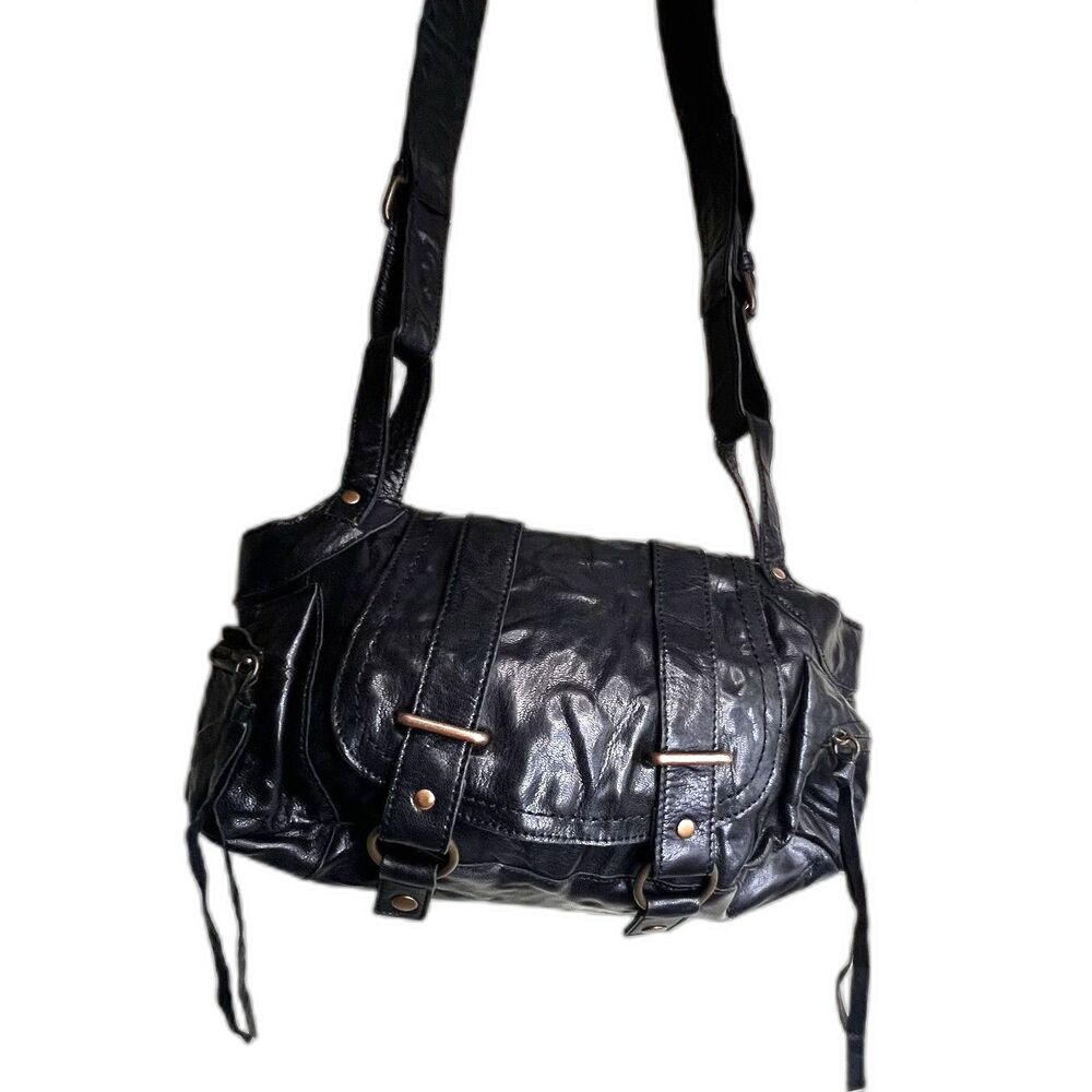 Vintage Y2K BCBG Max Azria Black Leather Shoulder Bag Multi Pocket Moto Boho Alt - Picture 2 of 7